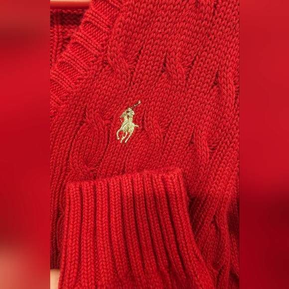 NWOT L-RL Women's V-Neck Cable Knit Red Sweater With Gold Logo Size-M - Picture 6 of 8